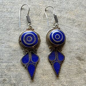 Lapis Lazuli Gemstone Tibetan Nepal Silver Earrings (2.65")
